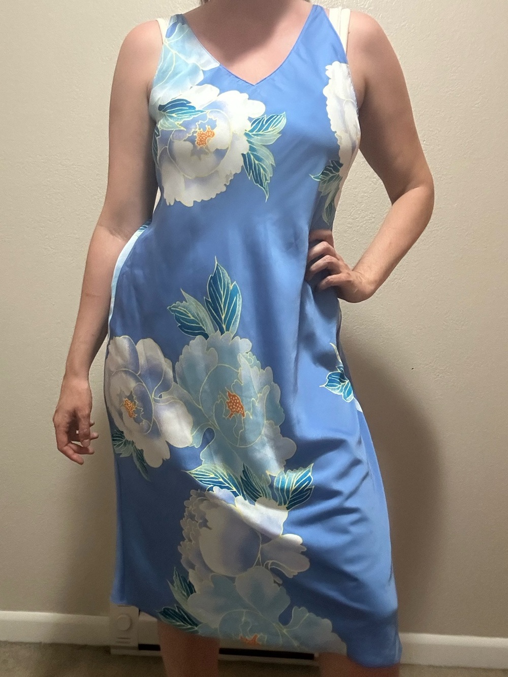 Natori Blue Floral Slip Dress Size Large Silky Loungewear Nightgown Large